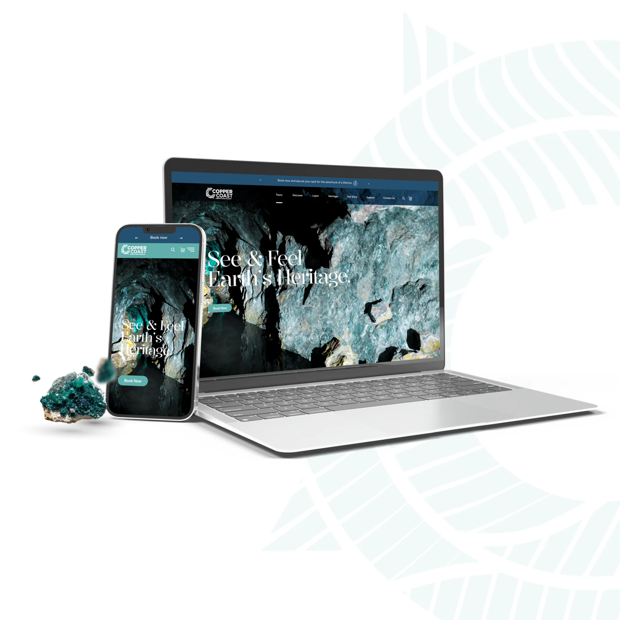 Laptop and mobile graphic demonstrating CopperCoast Geopark website